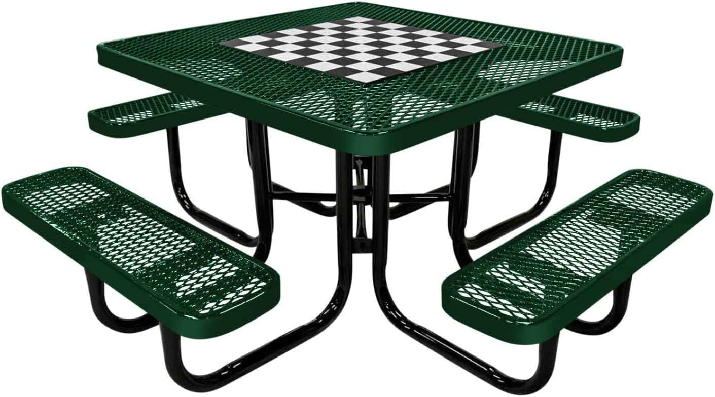 Coated Outdoor Furniture Heavy-Duty Portable Outdoor Picnic Table with Umbrella Hole, Expanded Metal Commercial-Grade Patio Dining Furniture Made in America (46" Square Game-Top, Green)