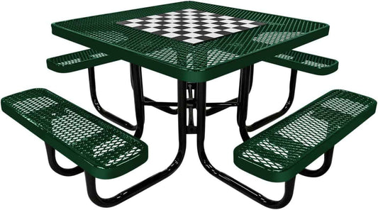 Coated Outdoor Furniture Heavy-Duty Portable Outdoor Picnic Table with Umbrella Hole, Expanded Metal Commercial-Grade Patio Dining Furniture Made in America (46" Square Game-Top, Green)