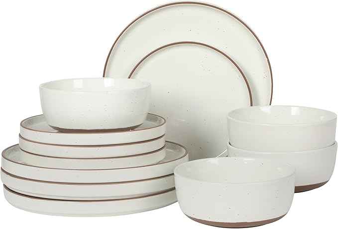 Gibson Elite Northrock Stoneware Dinnerware Set, 12-Piece Service for 4 Plates and Bowls Set – White Dishes with Hand-Painted Terracotta Base
