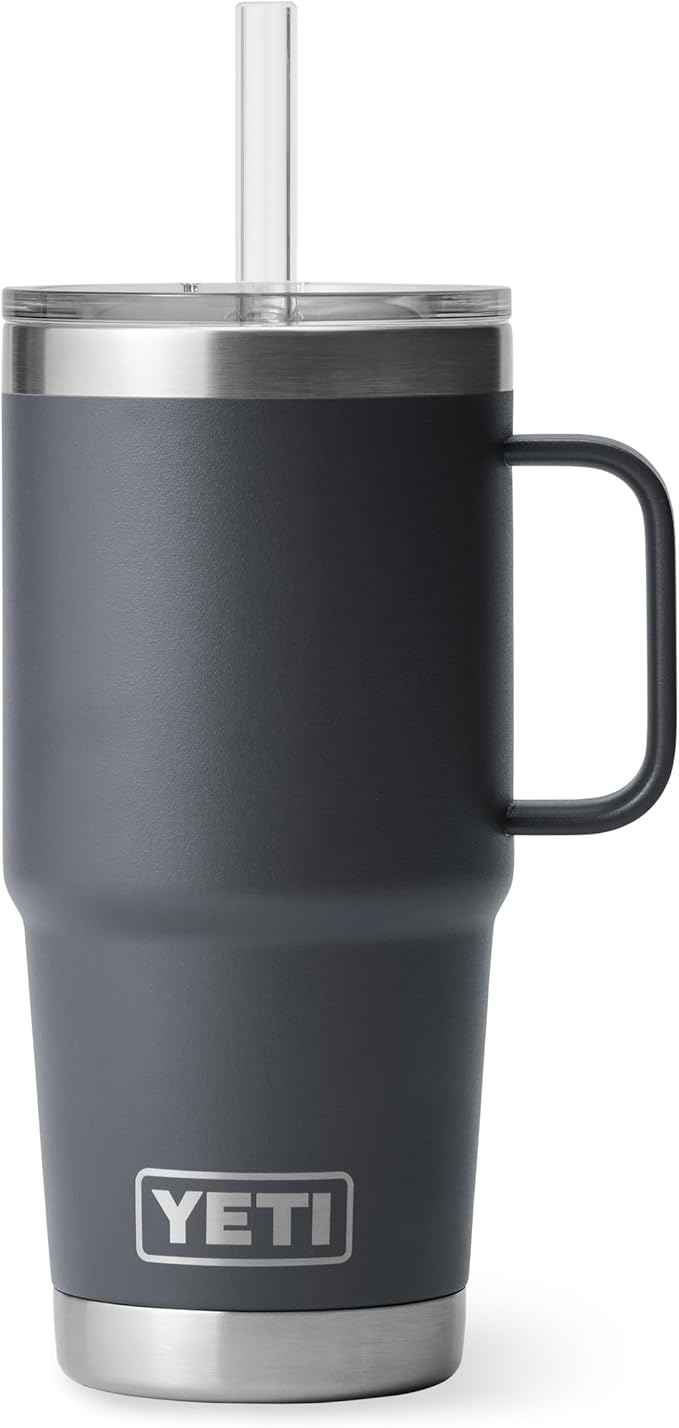 YETI Rambler 25 oz Tumbler with Handle and Straw Lid, Travel Mug Water Tumbler, Vacuum Insulated Cup with Handle, Stainless Steel, Charcoal
