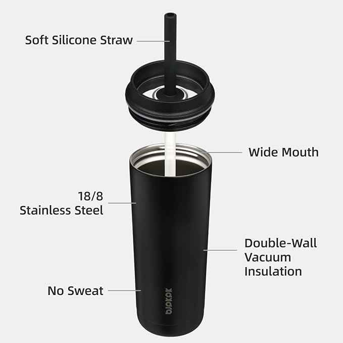 BJPKPK Insulated Tumbler with Lid and Straw,20 oz Stainless Steel Travel Coffee Mug,Spill Proof Thermal Cup,Keep Drinks Cold and Hot,Black