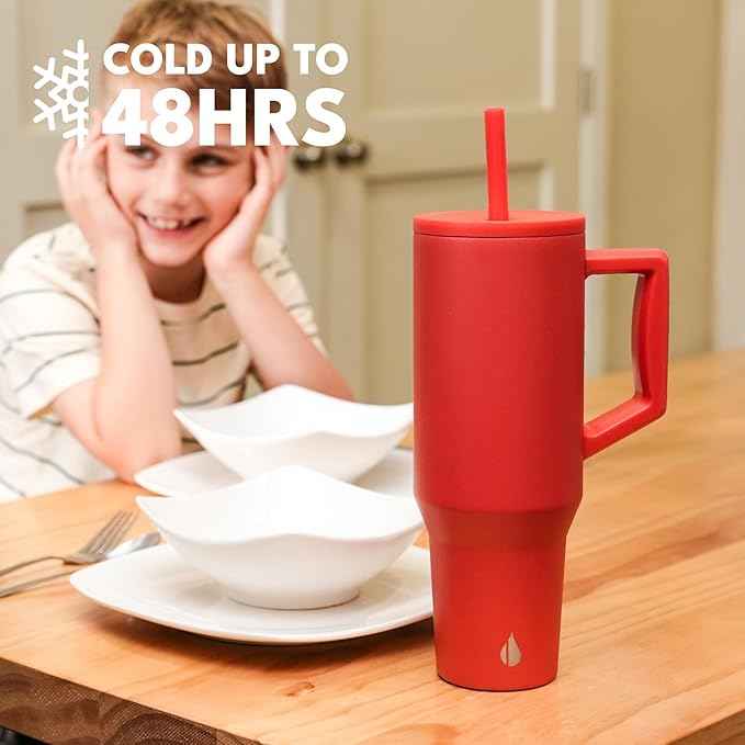Elemental 40 oz Tumbler with Handle and Straw - Spill Proof Insulated Stainless Steel Commuter for Cold Beverages - Travel Coffee Mug with 2 Straws & Spill Proof Lid - 40oz - Red