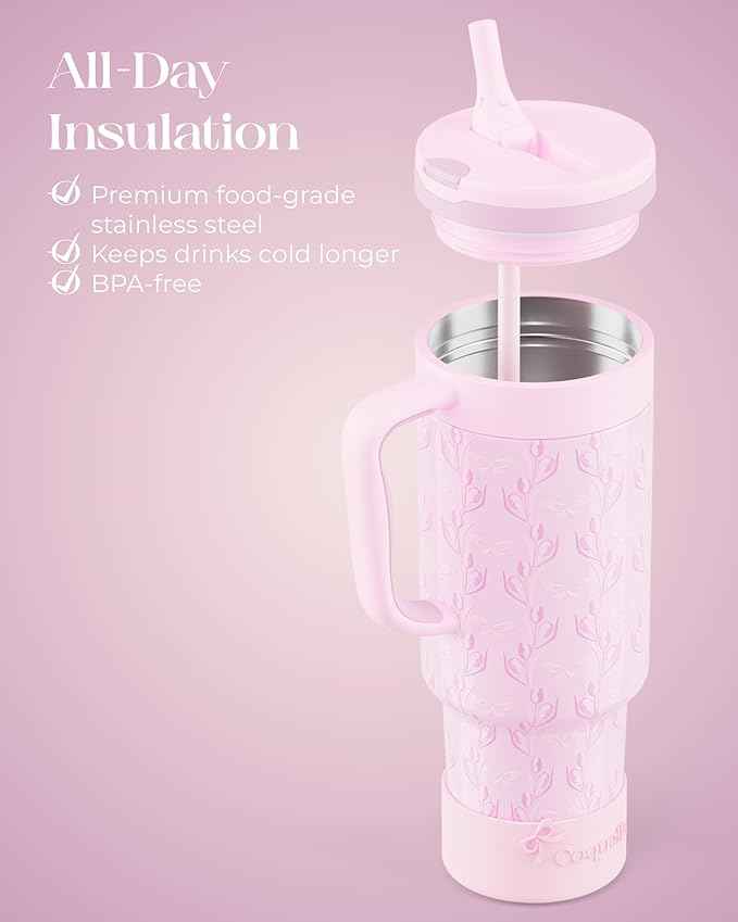 40 oz Insulated Tumbler with Handle and Push-Button Straw Lid, Stainless Steel Travel Cup for Gym Office, Leakproof, BPA-Free, Cup Holder Friendly, Bow Silicone Boot, Purple (Tulip Lilac)