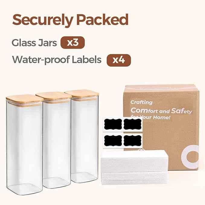 ComSaf Glass Spaghetti Pasta Storage Containers with Lids 2.2 Qt Set of 3, Tall Clear Airtight Food Storage Jar with Lid for Noodles Flour Oat Cereal Sugar Beans, Sqaure Spaghetti Pantry Containers