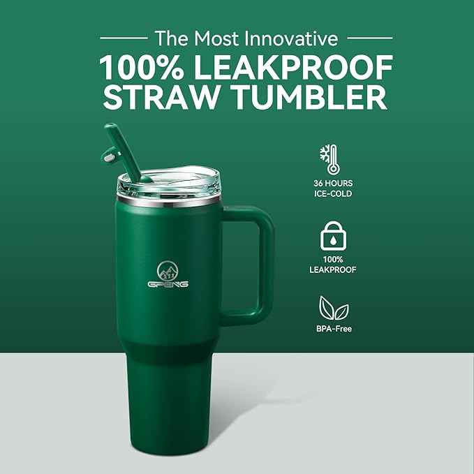 Gpeng 30/40/50 oz Tumbler with Handle, Water Bottles with Straw Lid, Insulated Stainless Steel Travel Mug Cup Holder Friendly, Keep Drinks Cold or Hot for Hours (Emeraldgreen, 30 oz)