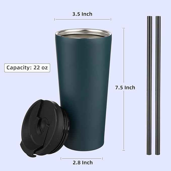 Konokyo 22 OZ Insulated Tumbler with Lid and 2 Straws Stainless Steel Water Bottle Vacuum Travel Mug Coffee Cup,Navy Blue