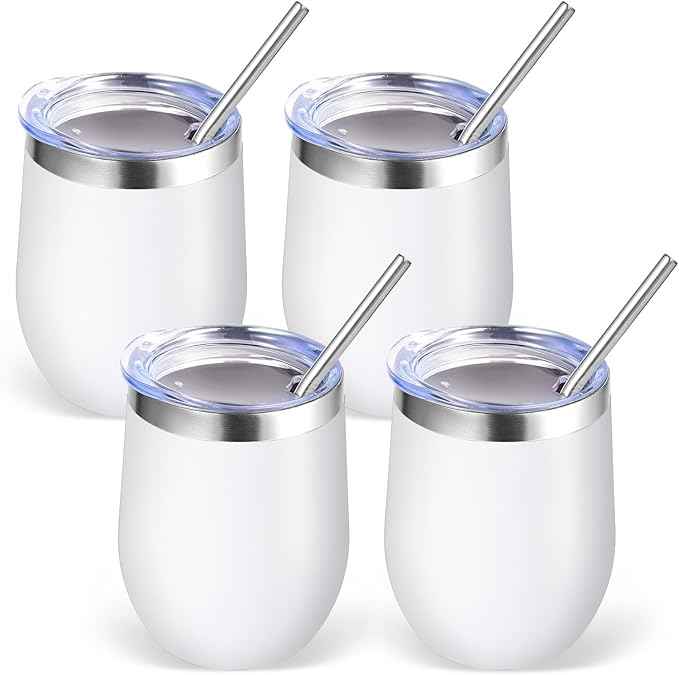 Volhoply 12oz Stainless Steel Wine Tumbler with Lid Bulk 4 Pack,Double Wall Vacuum Stemless Wine Glasses,Reusable Metal Travel Coffe Mug with Straw,Insulated Cup Gifts for Women,Christmas（White,4 Set）