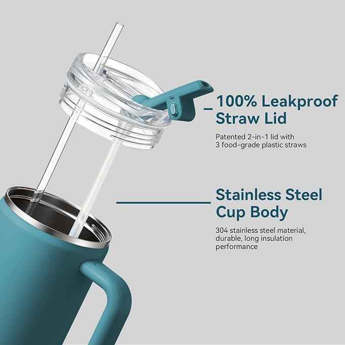 Gpeng 30/40/50 oz Tumbler with Handle, Water Bottles with Straw Lid, Insulated Stainless Steel Travel Mug Cup Holder Friendly, Keep Drinks Cold or Hot for Hours (LightBlue, 30 oz)