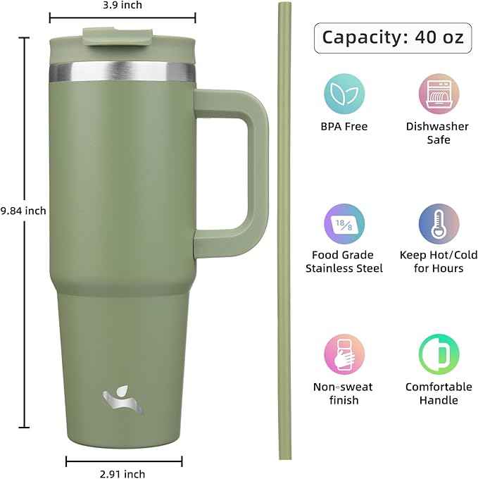 Konokyo 40 oz Tumbler with Handle and 2 Straws,2 in 1 Lid Insulated Water Bottle Stainless Steel Travel Coffee Mug,Army Green
