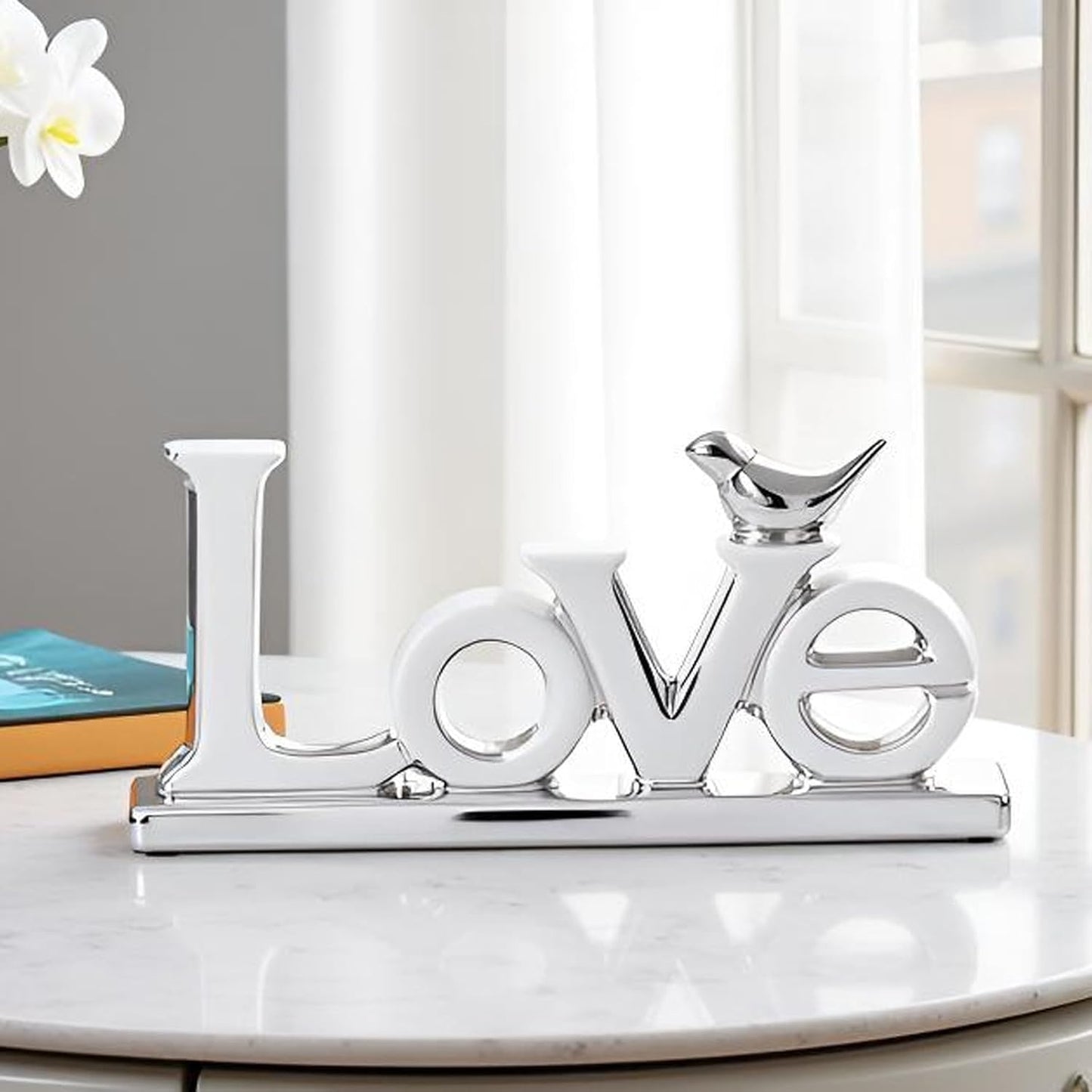 Love Sign Decoration - Silver Love Signs for Home Decor Statue, Modern Bird Sculpture Personalized Love Decor, Silver Style Figurine Decorative Ornaments for Living Room, Bedroom, Desktop