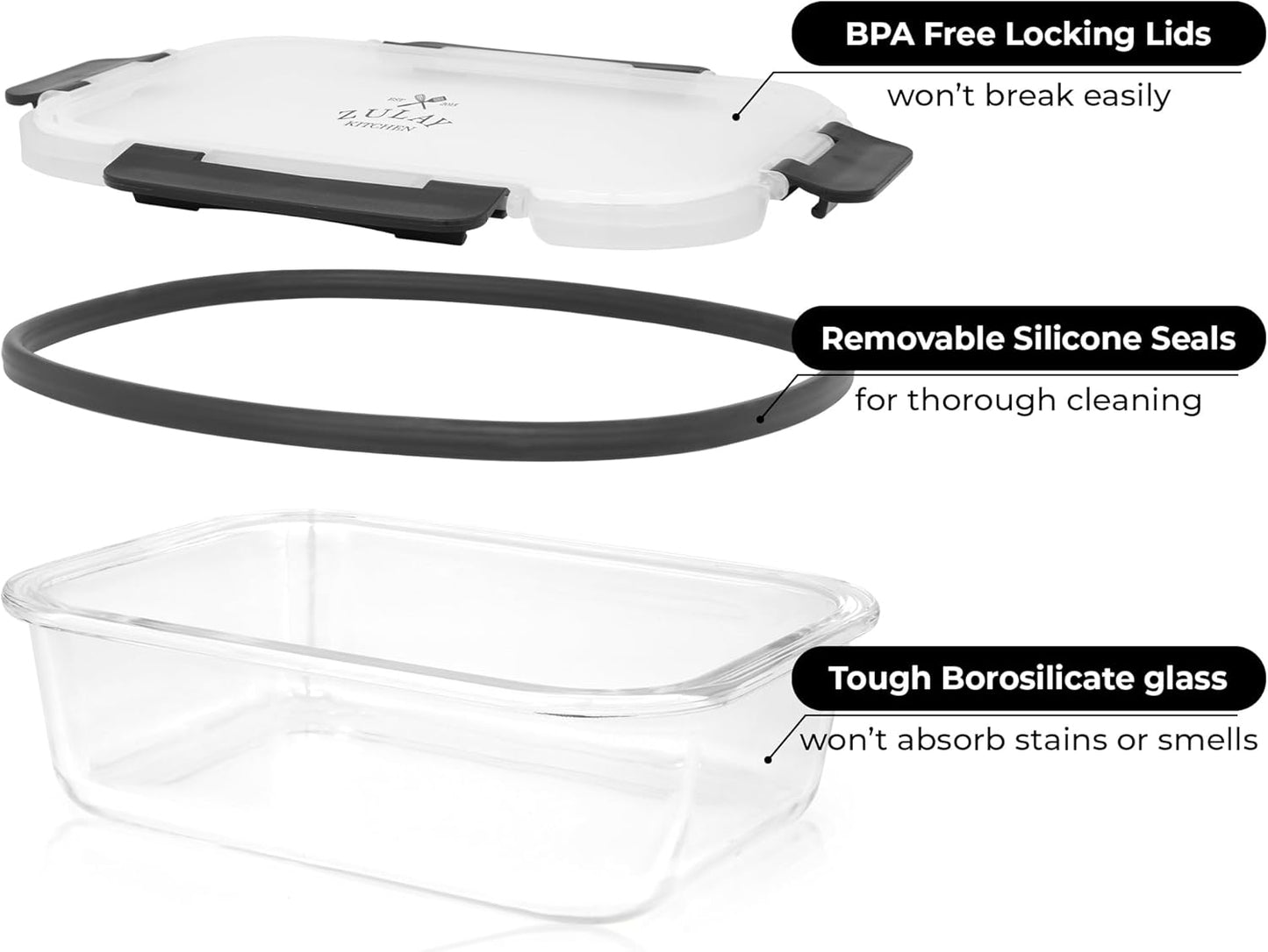 Zulay Kitchen 5 Piece Large 36oz Glass Tupperware Container Set with Lids - Premium BPA Free Borosilicate Glass Food Storage Containers - Leak-Proof Meal Prep - Microwave, Freezer & Oven Safe - Gray