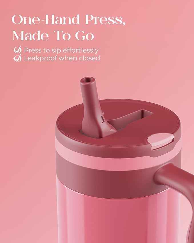 40 oz Insulated Tumbler with Handle and Push-Button Straw Lid, Stainless Steel Travel Cup for Gym Office, Leakproof, BPA-Free, Cup Holder Friendly, Bow Silicone Boot, Pink (Dusty Rose)
