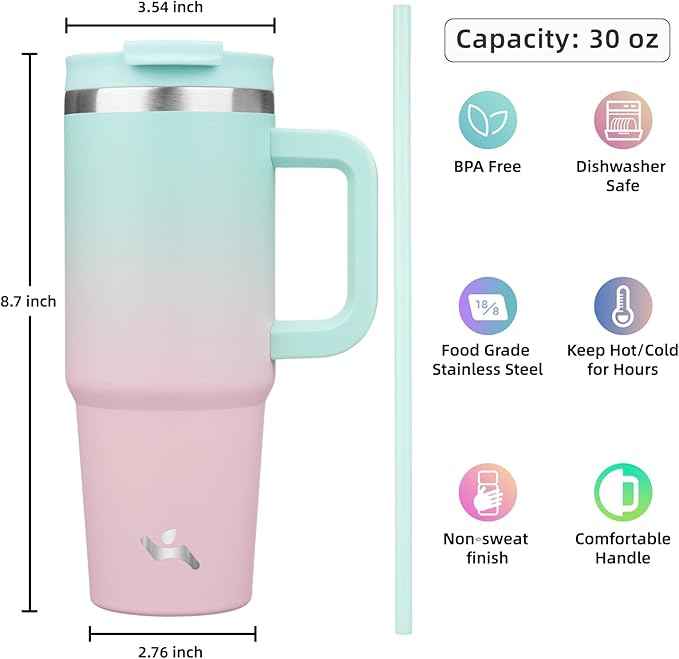 Konokyo 30 oz Tumbler with Handle and 2 Straws,2 in 1 Lid Insulated Water Bottle Stainless Steel Travel Coffee Mug,Gum