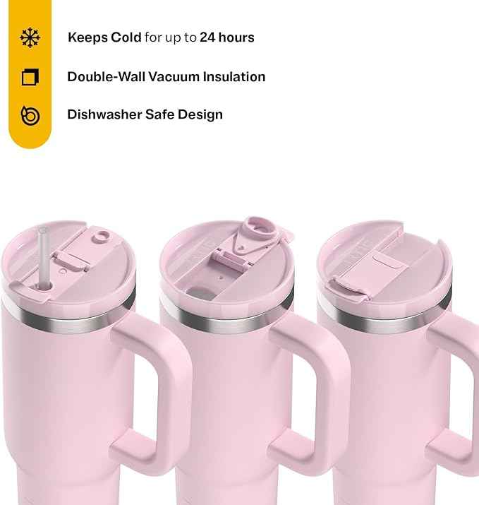 RTIC 30 oz Road Trip Tumbler Double-Walled Ceramic Lined InsulatedStainless Steel Portable Travel Coffee Mug Cup with Lid, Handle and Straw, Pale Pink