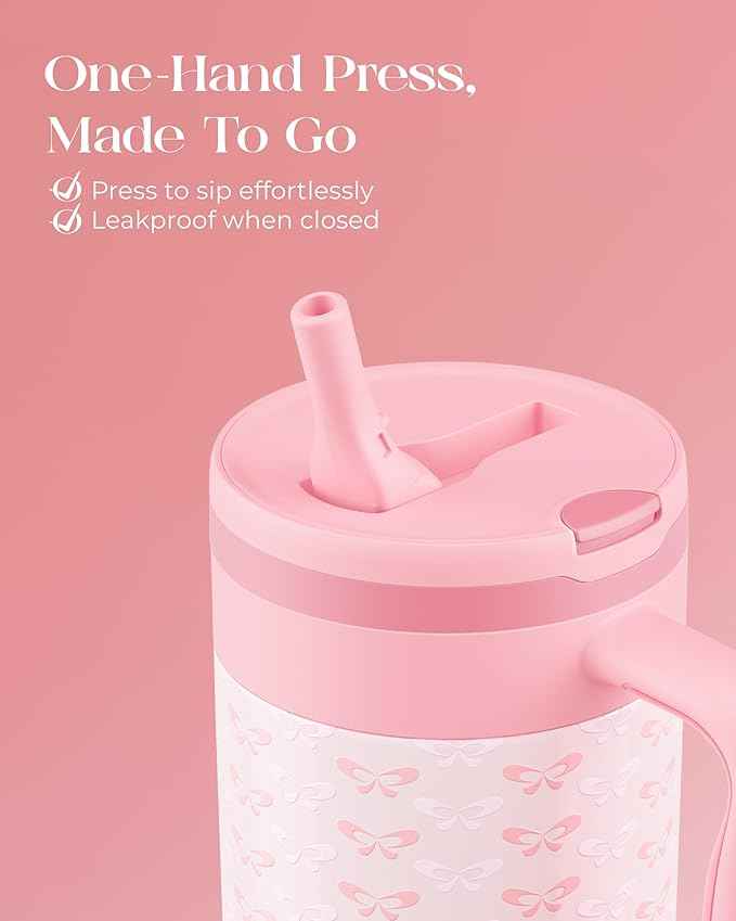 40 oz Insulated Tumbler with Handle and Push-Button Straw Lid, Stainless Steel Travel Cup for Gym Office, Leakproof, BPA-Free, Cup Holder Friendly, Bow Silicone Boot, Pink (Coquette Blush)