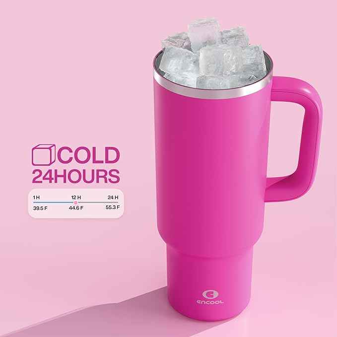 ENCOOL 40 oz Tumbler with Handle and Straw: Stainless Steel Insulated Tumbler Keeps Cold for 24 Hours, Leakproof Travel Cup Fits in Cup Holder and BPA-Free,Persian Rose