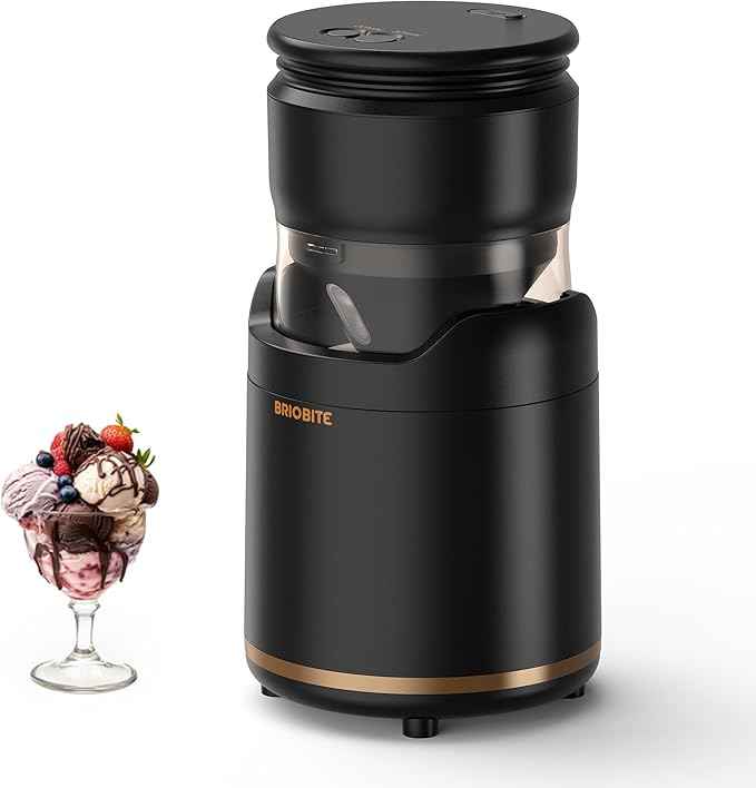BRIOBITE Ice Cream Maker,Rechargeable Soft Ice Cream Machine with Low Noise,Compact for 1-2 Servings,Perfect for Sorbet,Gelato,Frozen Yogurt,Black