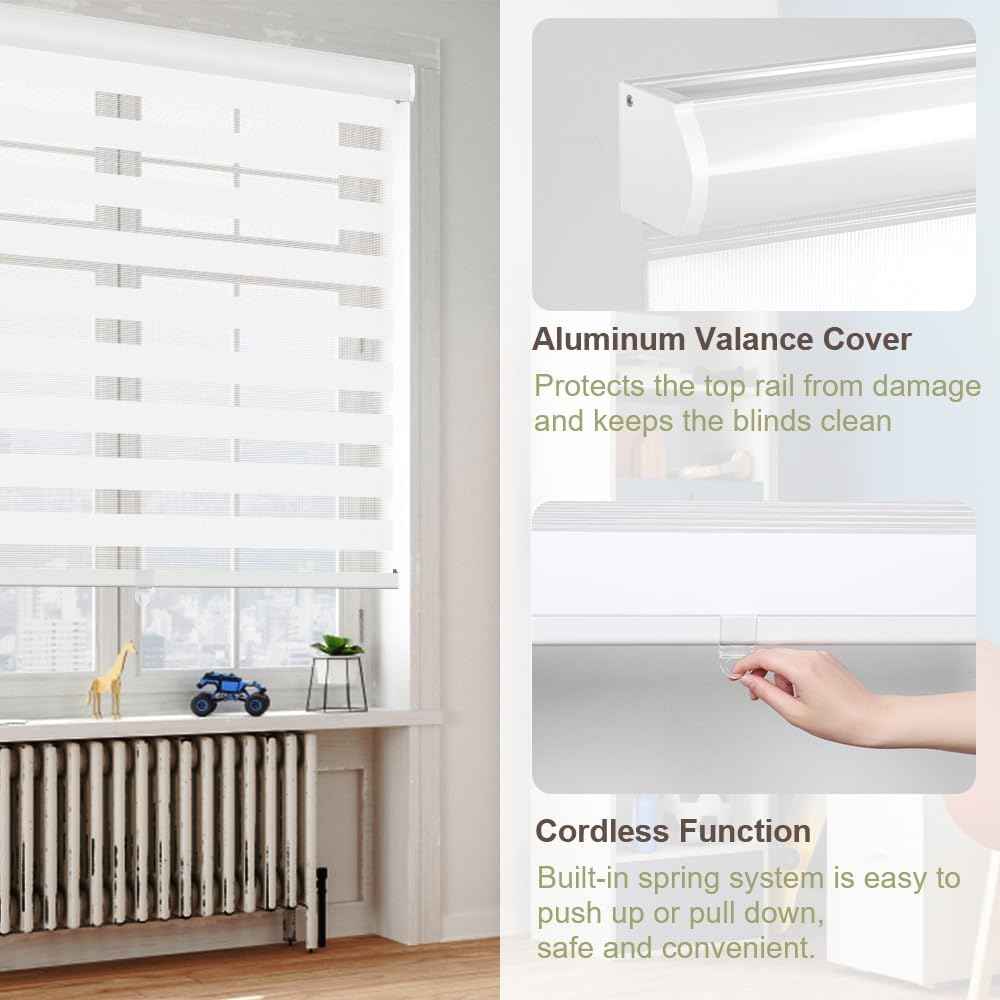 Kokorona Zebra Blinds Roller Shades Cordless Window Blinds with Valance Cover, Day and Night Sheer Shades Dual Layer Fabric for Light Control Light Filtering Privacy, White, 60" W X 72" H