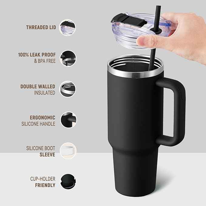 COKTIK 40 oz Tumbler With Handle and Straw, Insulated Tumbler With Leakproof Lids, Stainless Steel|BPA-Free, Cold for 24 H (Black)