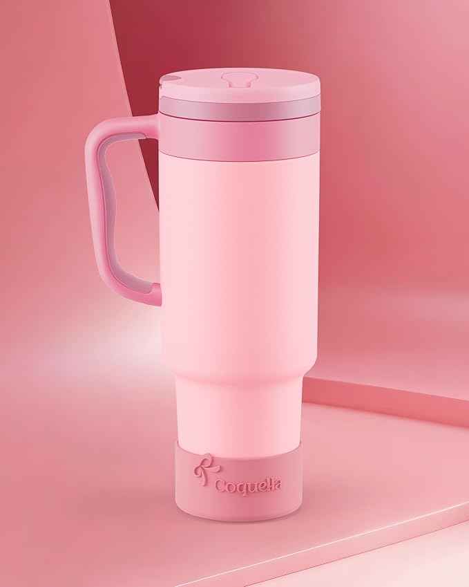 40 oz Insulated Tumbler with Handle and Push-Button Straw Lid, Stainless Steel Travel Cup for Gym Office, Leakproof, BPA-Free, Cup Holder Friendly, Bow Silicone Boot, Pink (Rose Quartz)