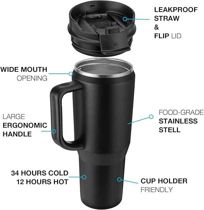 EALGRO 40 oz Tumbler with Handle, Insulated Tumblers with Lid and Straw, Large Metal Sports Water Bottle Jug, Thermal Stainless Steel Travel Coffee Mug Cup, Blue