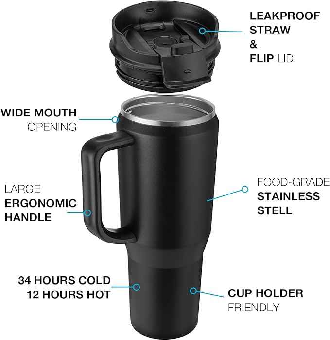 EALGRO 40 oz Tumbler with Handle, Insulated Tumblers with Lid and Straw, Large Metal Sports Water Bottle Jug, Thermal Stainless Steel Travel Coffee Mug Cup, Lavender