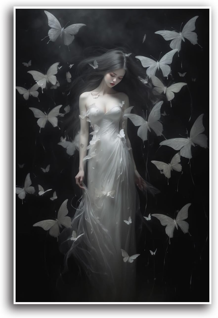 JFHCQJPK Vintage Gothic Feminine Canvas Wall Art Print Butterfly Poster Moody Female Wall Art Retro Artwork Dark College Decor for Home Bedroom20x30in Frameless