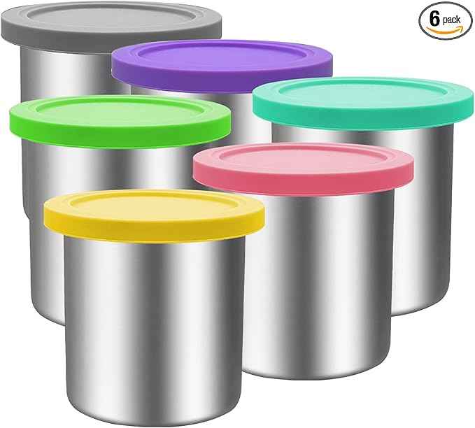 16 oz Stainless Steel Pint Containers & Lids Compatible with Ninja Creami NC300, NC301, NC299AMZ, CN301CO Series – 6 Pack with Silicone Lids, BPA-Free, Dishwasher Safe