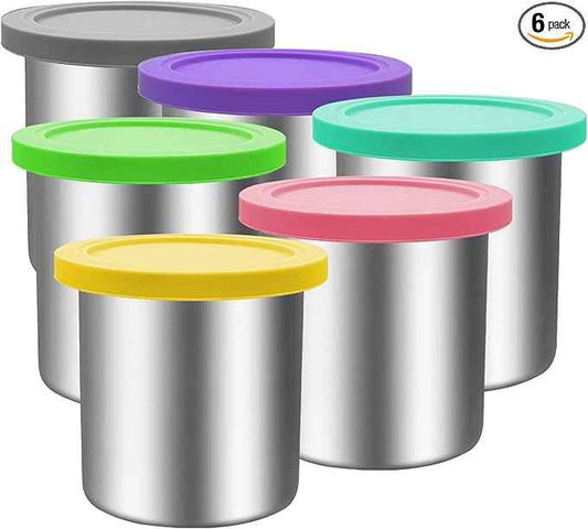 16 oz Stainless Steel Pint Containers & Lids Compatible with Ninja Creami NC300, NC301, NC299AMZ, CN301CO Series – 6 Pack with Silicone Lids, BPA-Free, Dishwasher Safe
