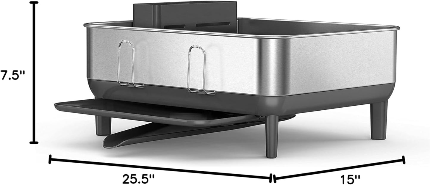 simplehuman Steel Frame Dishrack, Compact Dish Drying Rack for Small Kitchens, 360º Easy Drain Swivel Spout, Anti-Residue Coating, Moisture Control Surface, Brushed Stainless Steel