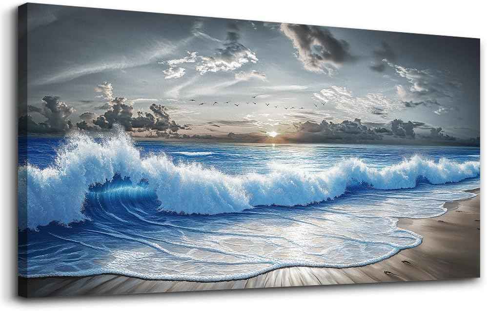 PHAOHUAXM Wall Decor For Living Room Wall Art For Bedroom Office Restaurant Decoration Black White And Blue Ocean Wave Landscape Painting Canvas Pictures Printing Artworks Modern Home Decor 20"X40"