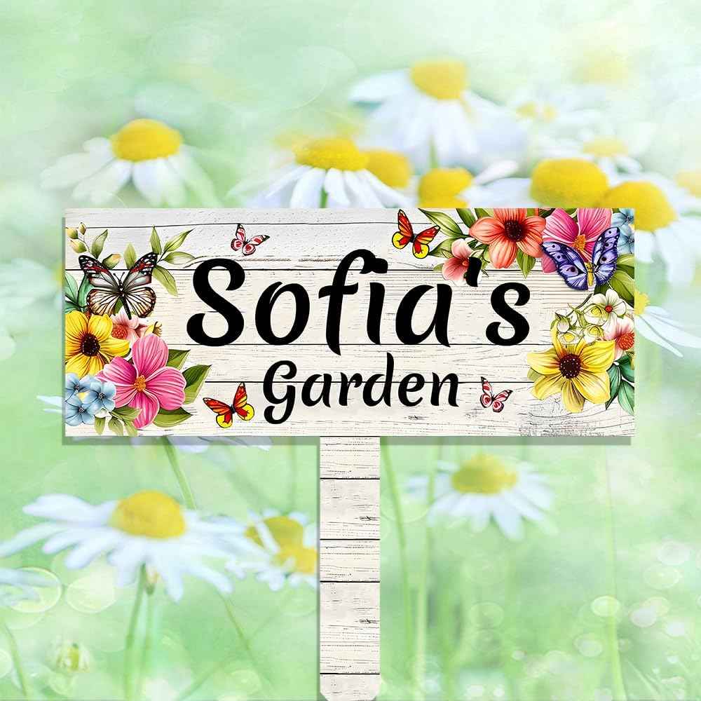 Custom Metal Garden Sign With Stake,Flower Personalized Gardener Family Name Signs,Customized Grandmother Gifts Gardening Decorative,Colorful Butterfly Plaques for Outside Lawn Patio Yard Art Decor