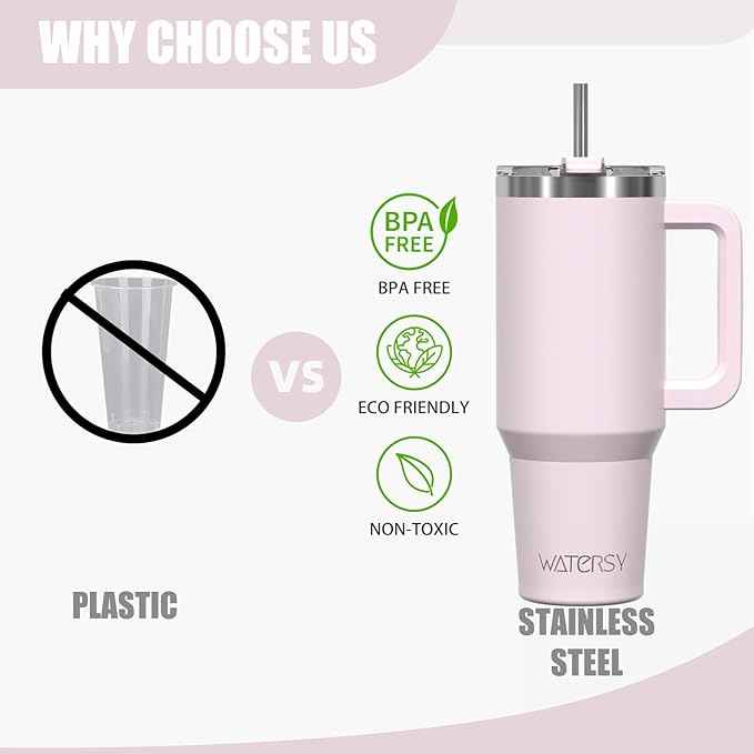 40 oz Tumbler with Handle,Tumbler with Lid and Straw,Double Wall Insulated Cup Stainless Steel Travel Mug(Cold for 34 Hours),Water Bottle for Iced Tea,Coffee,Cold Beverages(Rose Quartz)