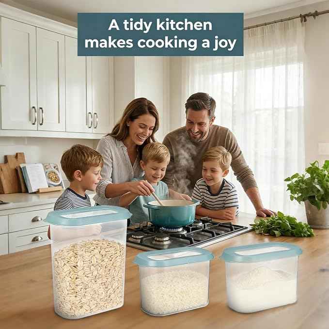 OMIO 5-Piece Airtight Food Storage Containers Set | BPA-Free Plastic Canisters with Easy Snap Lids for Dry Food, Pantry, Kitchen | Organize Cereal, Grains, Snacks, Flour, Sugar