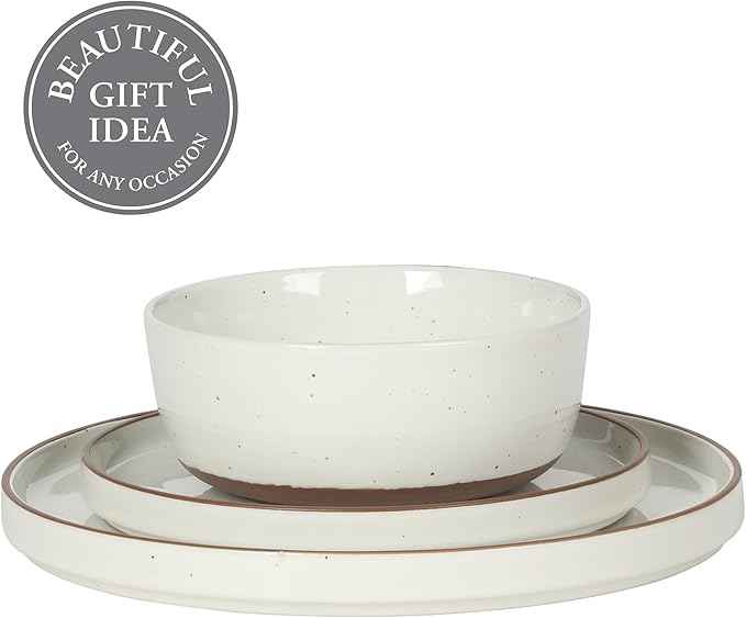 Gibson Elite Northrock Stoneware Dinnerware Set, 12-Piece Service for 4 Plates and Bowls Set – White Dishes with Hand-Painted Terracotta Base