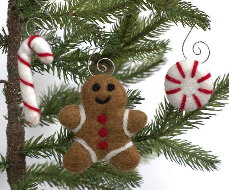 Felt Christmas Ornaments- Set of 3- Gingerbread Man, Peppermint, Candy Cane- with Hooks- Winter Holiday Decoration, Handmade Tree Decor Gift- 100% Wool