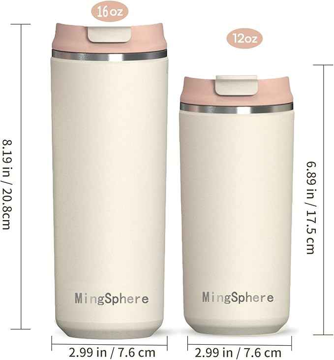 Travel Coffee Mug with Lid, 16 oz Insulated Tumbler, Leak Proof Stainless Steel Cup, for Hot Coffee, Iced Tea & Water, BPA Free, Car Cups Holder Friendly, Beige