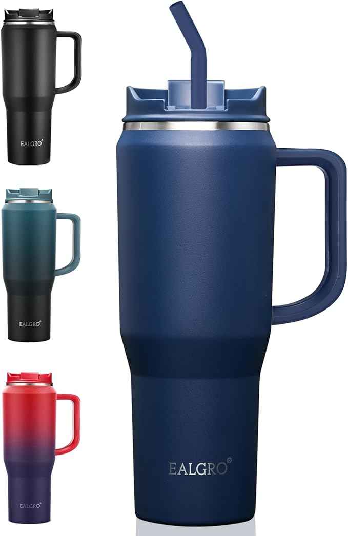EALGRO Insulated Coffee Mug Cup with Lid, 40 oz Tumbler with Handle and Straw, Double walled Stainless Steel Coffee Tumbler, Thermal Water Bottle Jug, Navy Blue
