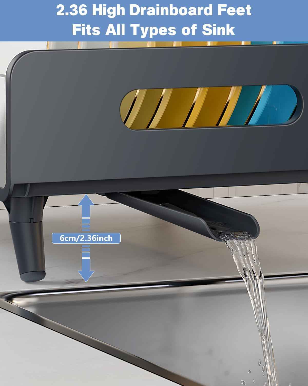 Dish Drying Rack with Drain Board, 304 Stainless Steel Core, Aluminum Rustproof Frame, Anti-Slip Elevated Feet, Removable Adjustable Spout, Utensil Holder, Gray