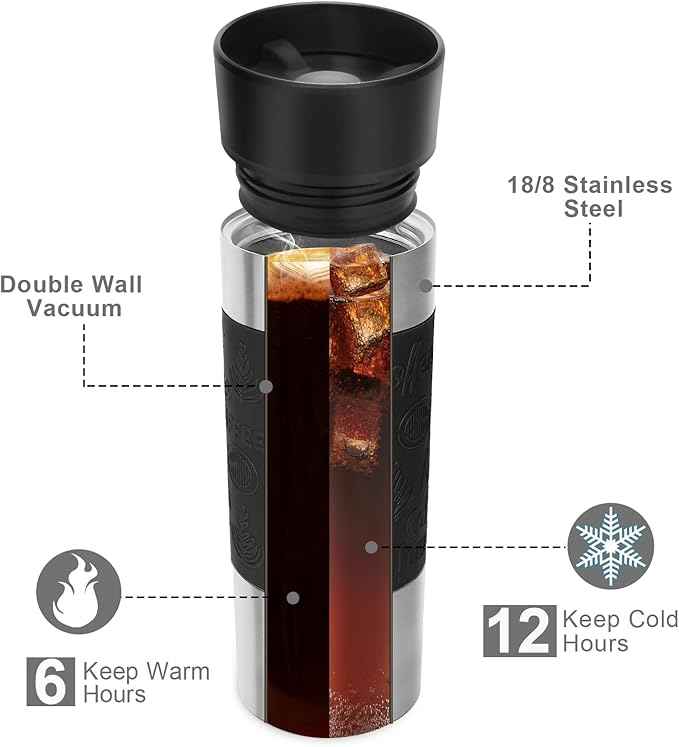 Travel Coffee Mug with 360°Lid, Travel Coffee Tumbler 16 oz Leak Proof, Stainless Steel Insulated Travel Mugs for Hot and Cold Spill Proof Leak Proof(Black)