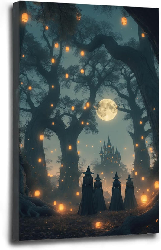 Mysterious creek painting witch and castle in magic forest art print canvas gothic print dark college decoration poster for home bedroom12x16in Wood Framed