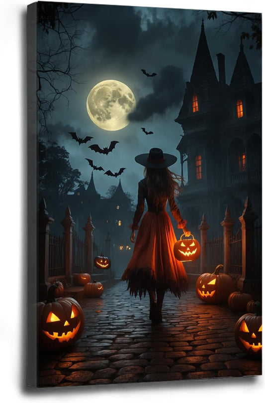 Halloween theme poster moonlit autumn night witch vintage poster art print dark college style gothic painting canvas wall decoration bedroom living room ideal gift12x16in Wood Framed