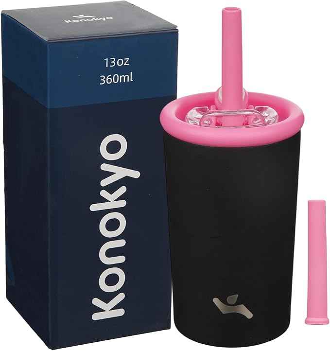 Konokyo 13oz Insulated Tumbler with Lid and Straw, Reusable Iced Coffee Cup with Lid, Travel Coffee Mug, BPA-Free, Leak-Proof and Durable, Black