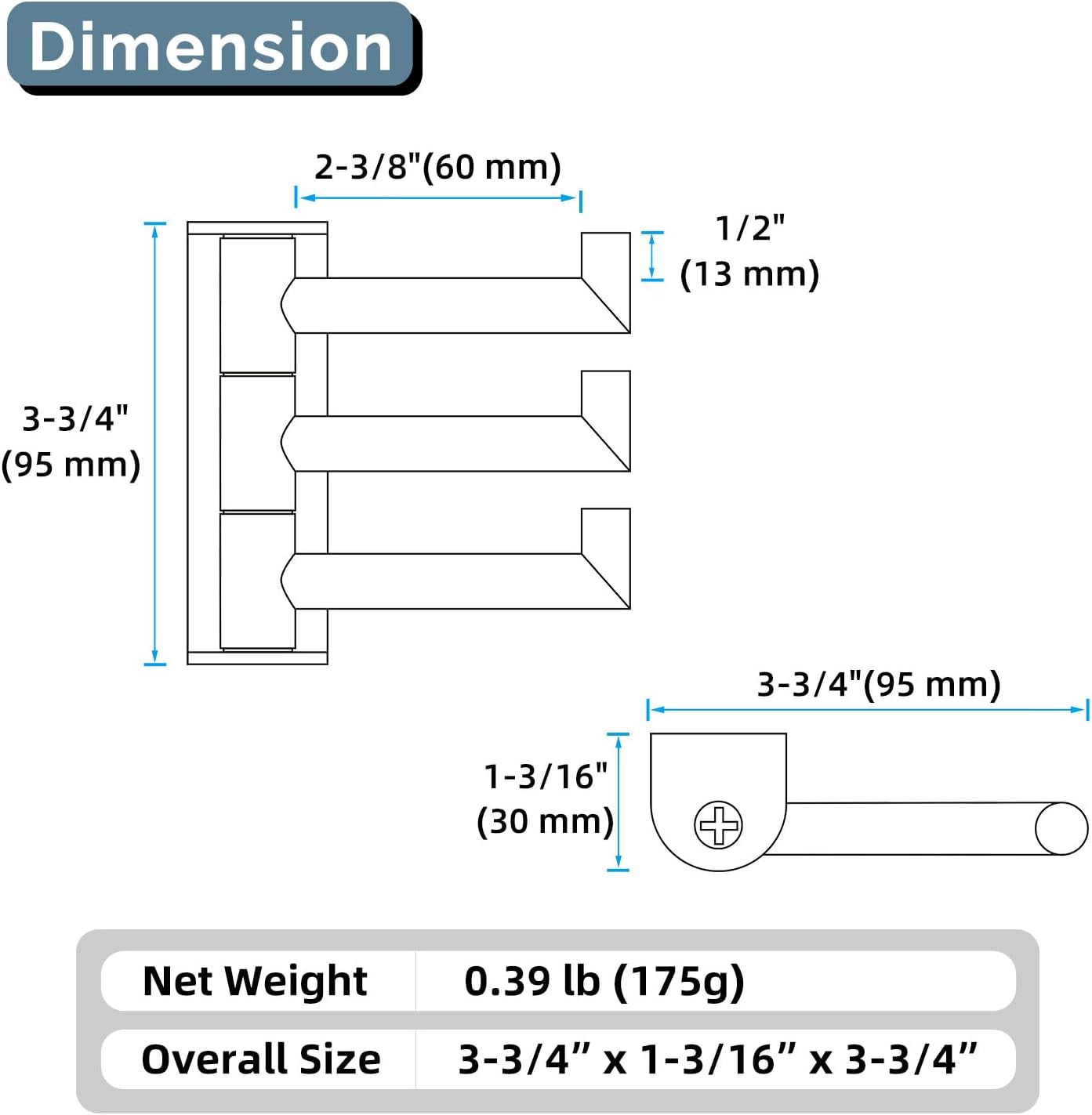 Angle Simple Towel Hooks Swivel, SUS 304 Stainless Steel 3 Arms Foldable Hand Towel Holder, Coat Hooks, Brushed Gold, 2 Pack