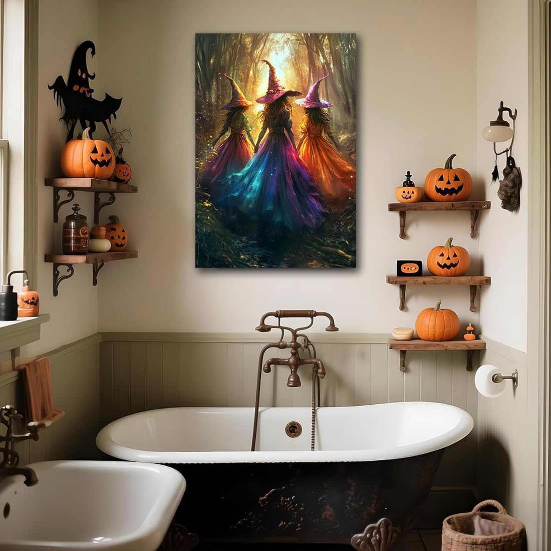 Halloween Room Decor Wall Art Colorful Witch Prints,Vintage Three Colorful Witches in Forest Halloween Posters,Fall Fantasy Aesthetic Pictures Playful Art Wall Decor for Bedroom,20"x30" Unframed