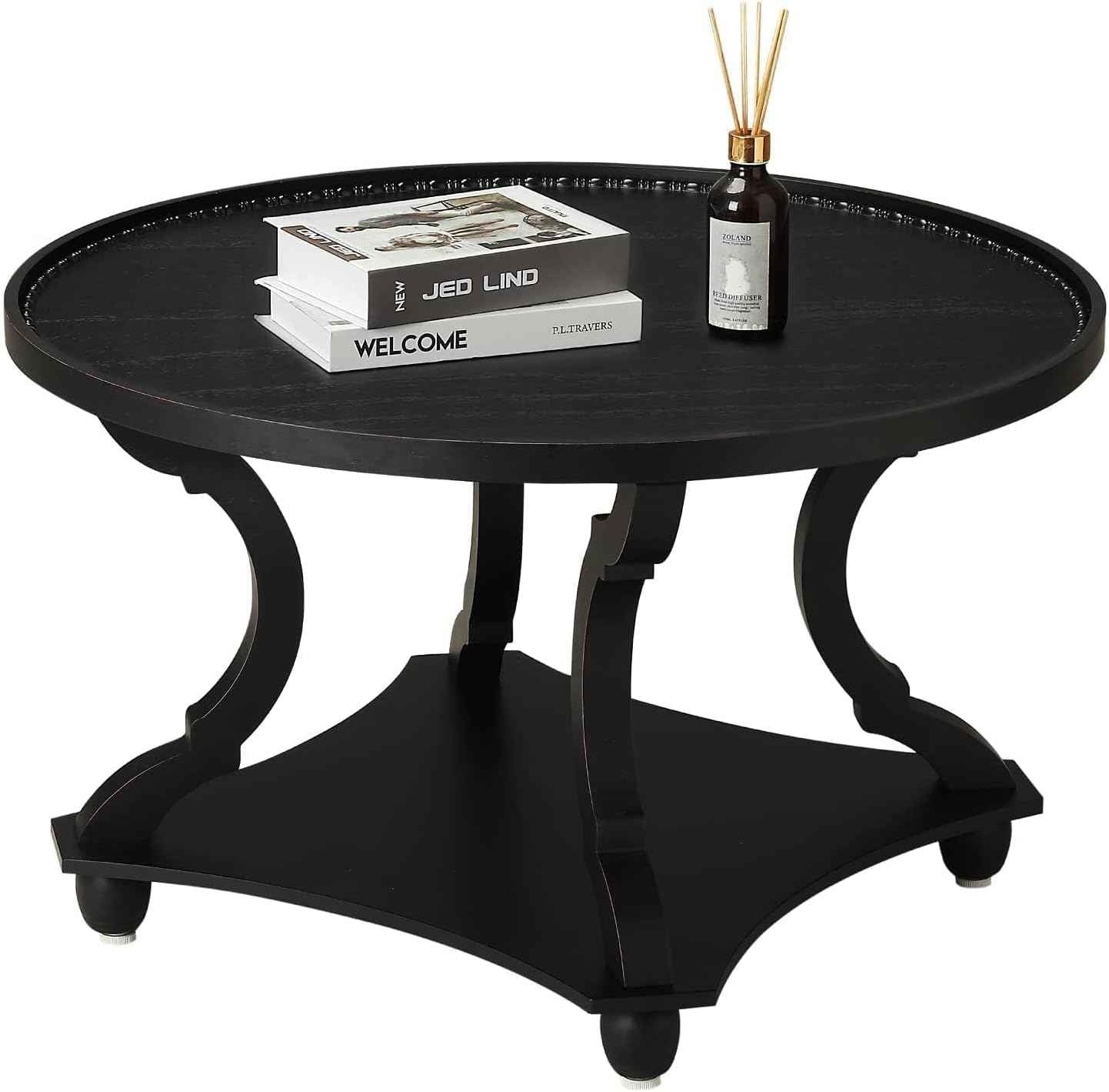 Wnutrees Farmhouse Round Coffee Table, Wood Tray Top Circle Coffee Table with Storage Shelf Rustic Style for Living Room and Vintage Finish, Black