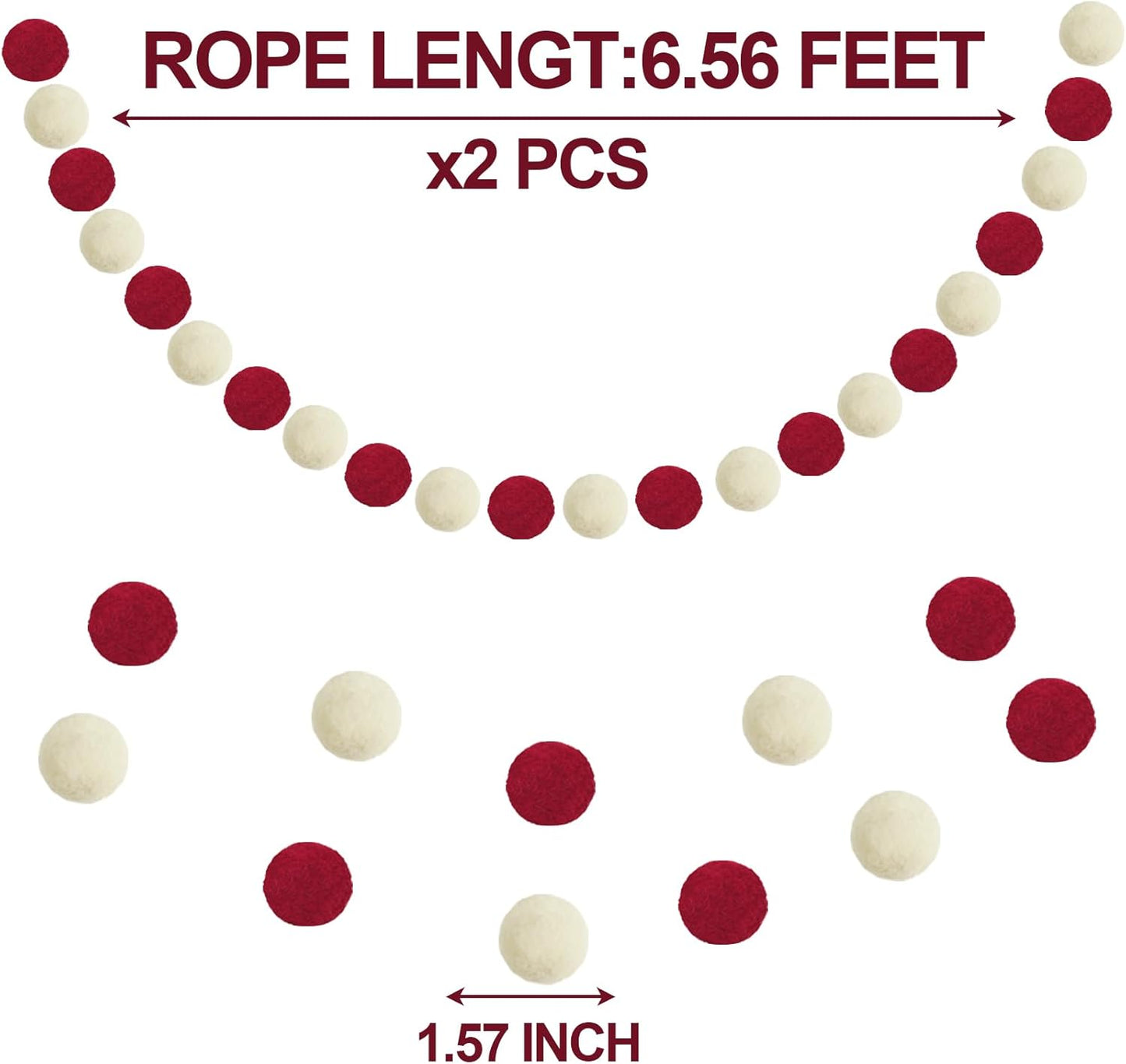 XmasExp Pom Pom Garland Decorations - Large Red Felt Ball Garland for Mantle, Indoor Home Decor, Christmas Tree Ornaments, Kids Room and Party Hanging Decor,13 Ft. (Red, 1.57")