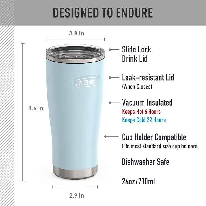 THERMOS ICON SERIES, Stainless Steel Cold Tumbler with Slide Lock, 24 Ounce, Glacier