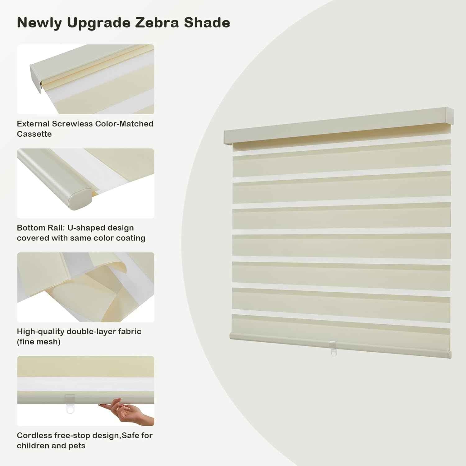 Cordless Zebra Blinds for Windows,Free-Stop Roller Zebra Shades,Light Filtering Blinds for Indoor windows with Upgraded Cassette,Pull Down Privacy Window Shades for Home (48" W x 72" H, Ivory)