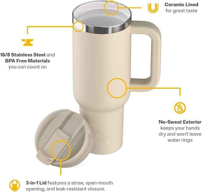 RTIC 40 oz Road Trip Tumbler Double-Walled Cermaic Lined Insulated Stainless Steel Portable Travel Coffee Mug Cup with Lid, Handle and Straw, Beach